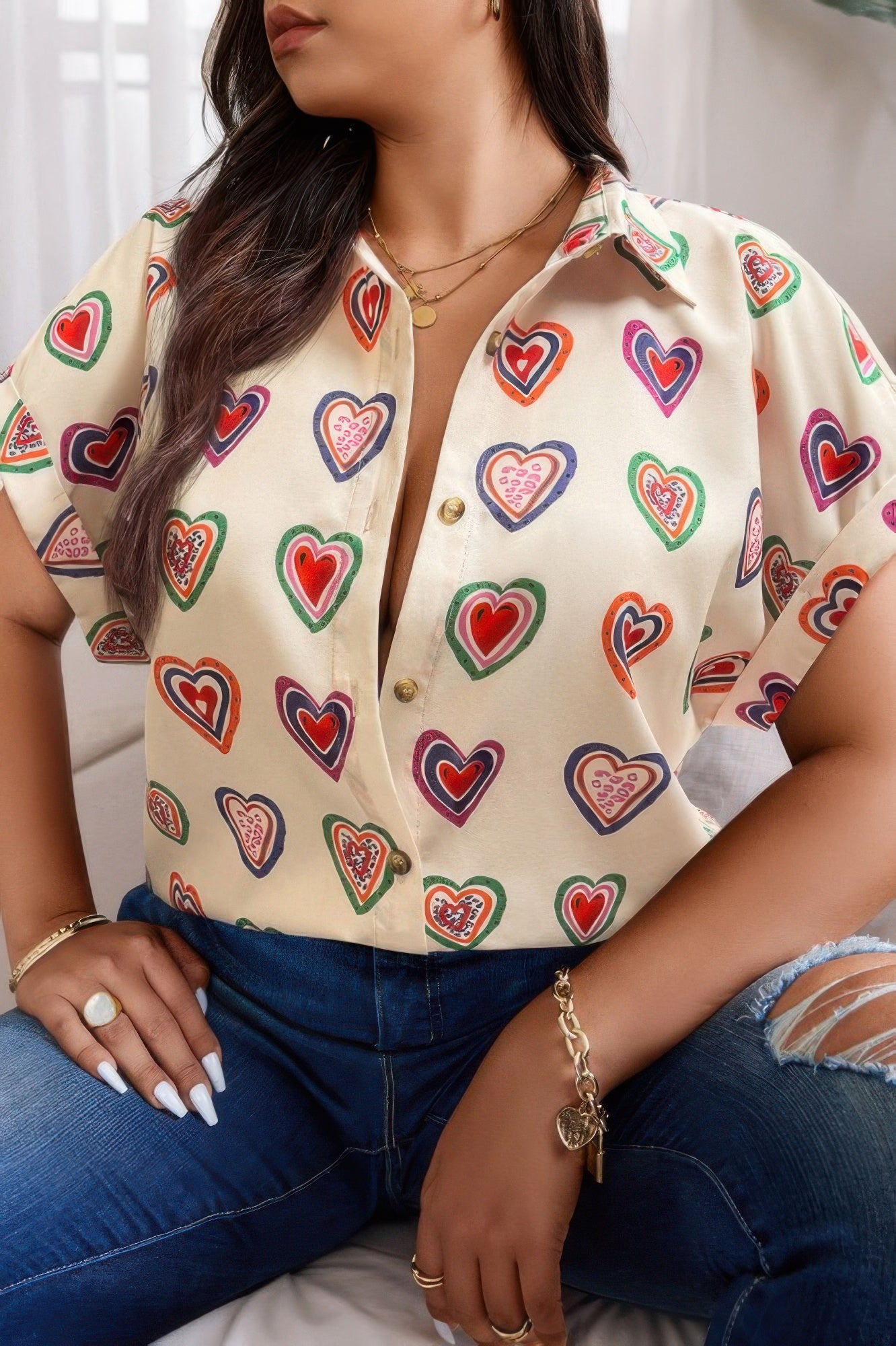 Plus Heart Print Button Down Batwing Sleeve Blouse