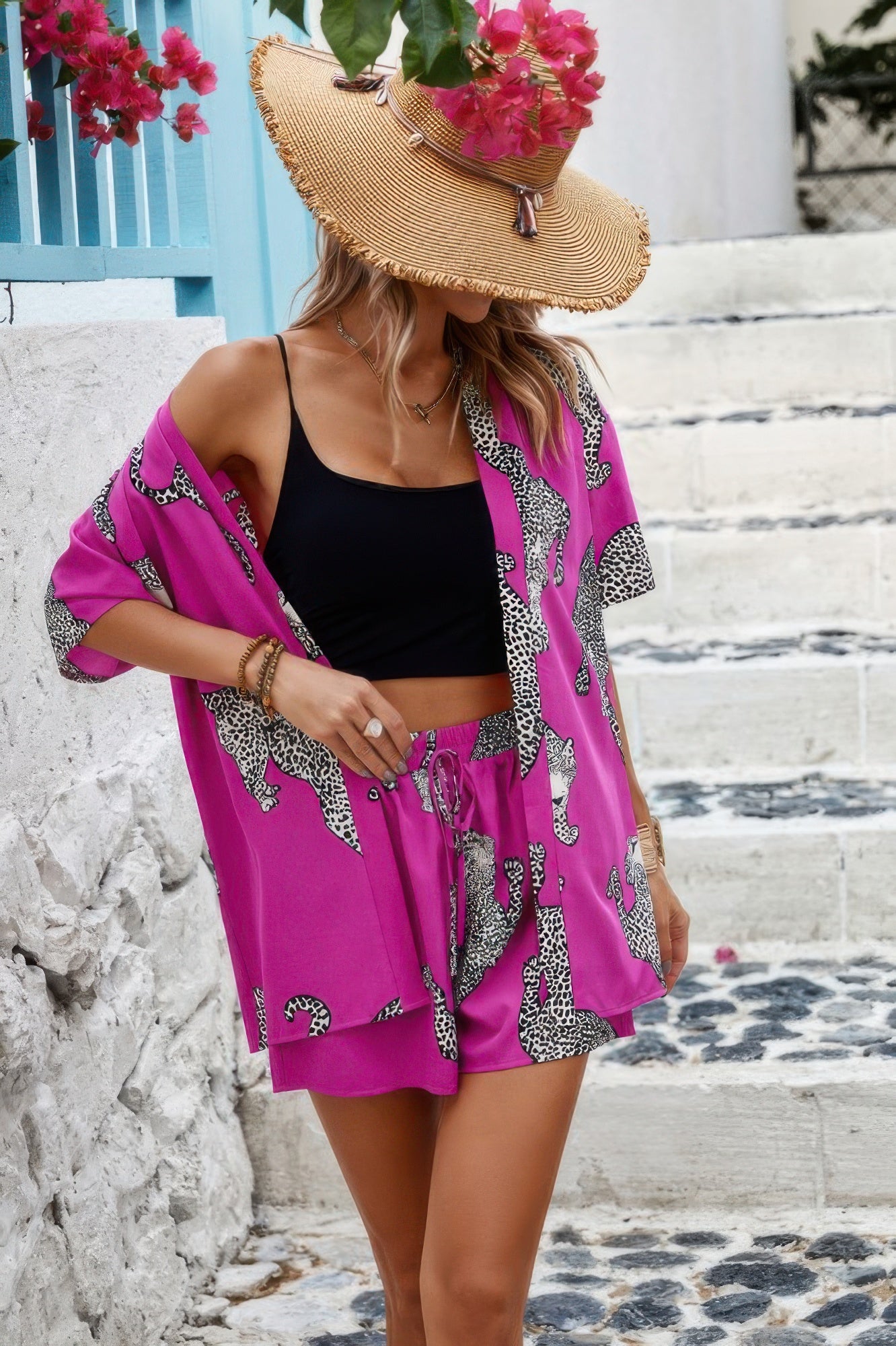 Two Piece Leopard Print Drop Shoulder Pockets Set