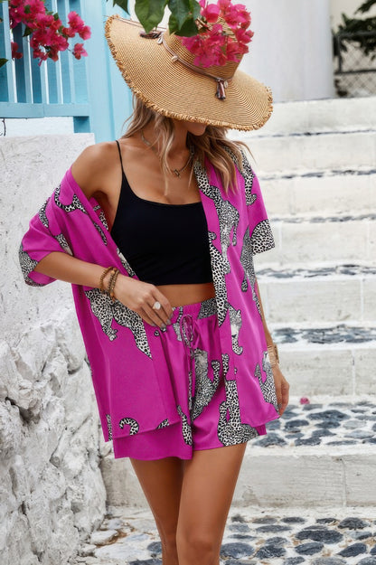 Two Piece Leopard Print Drop Shoulder Pockets Set