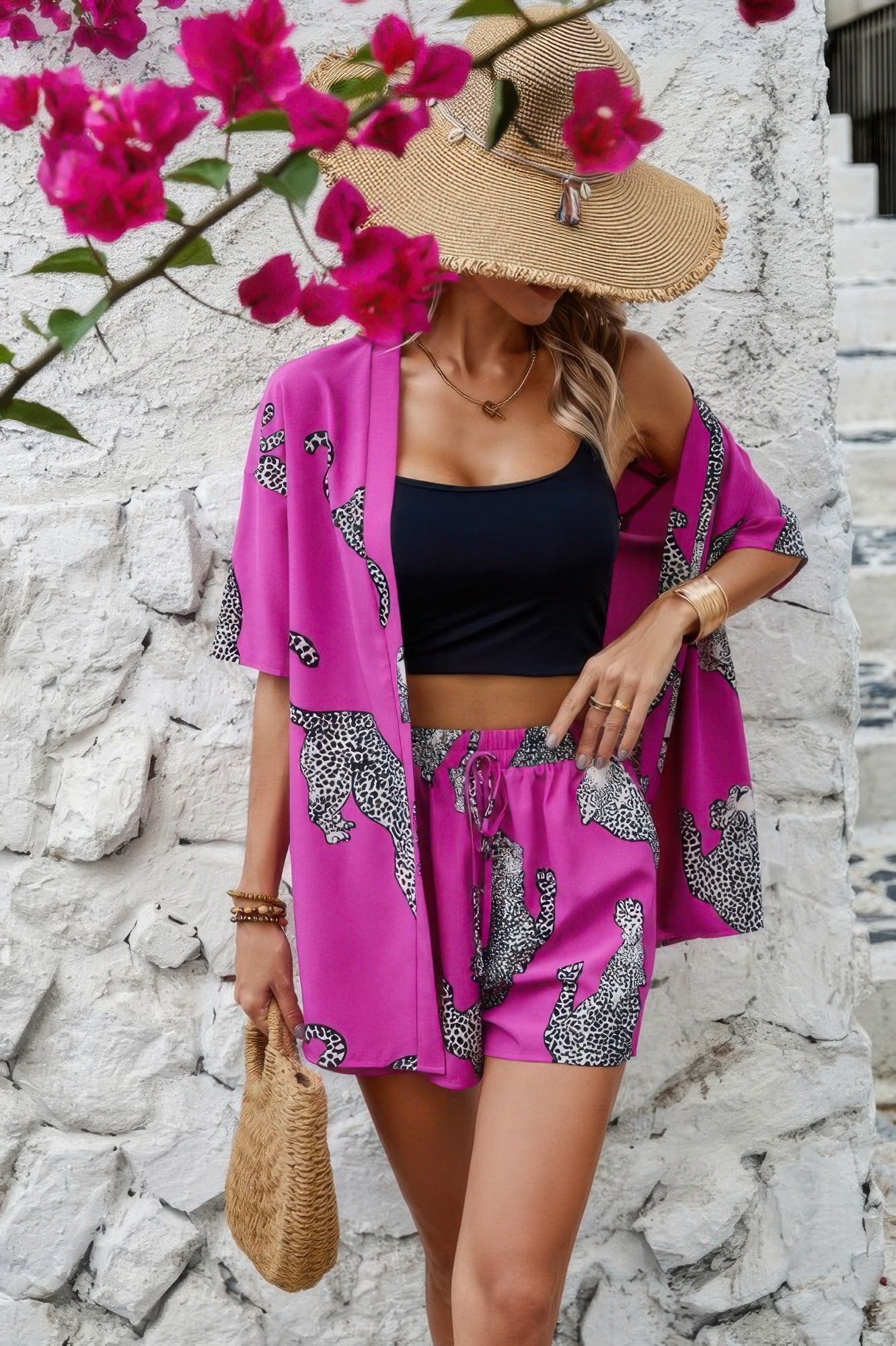 Two Piece Leopard Print Drop Shoulder Pockets Set