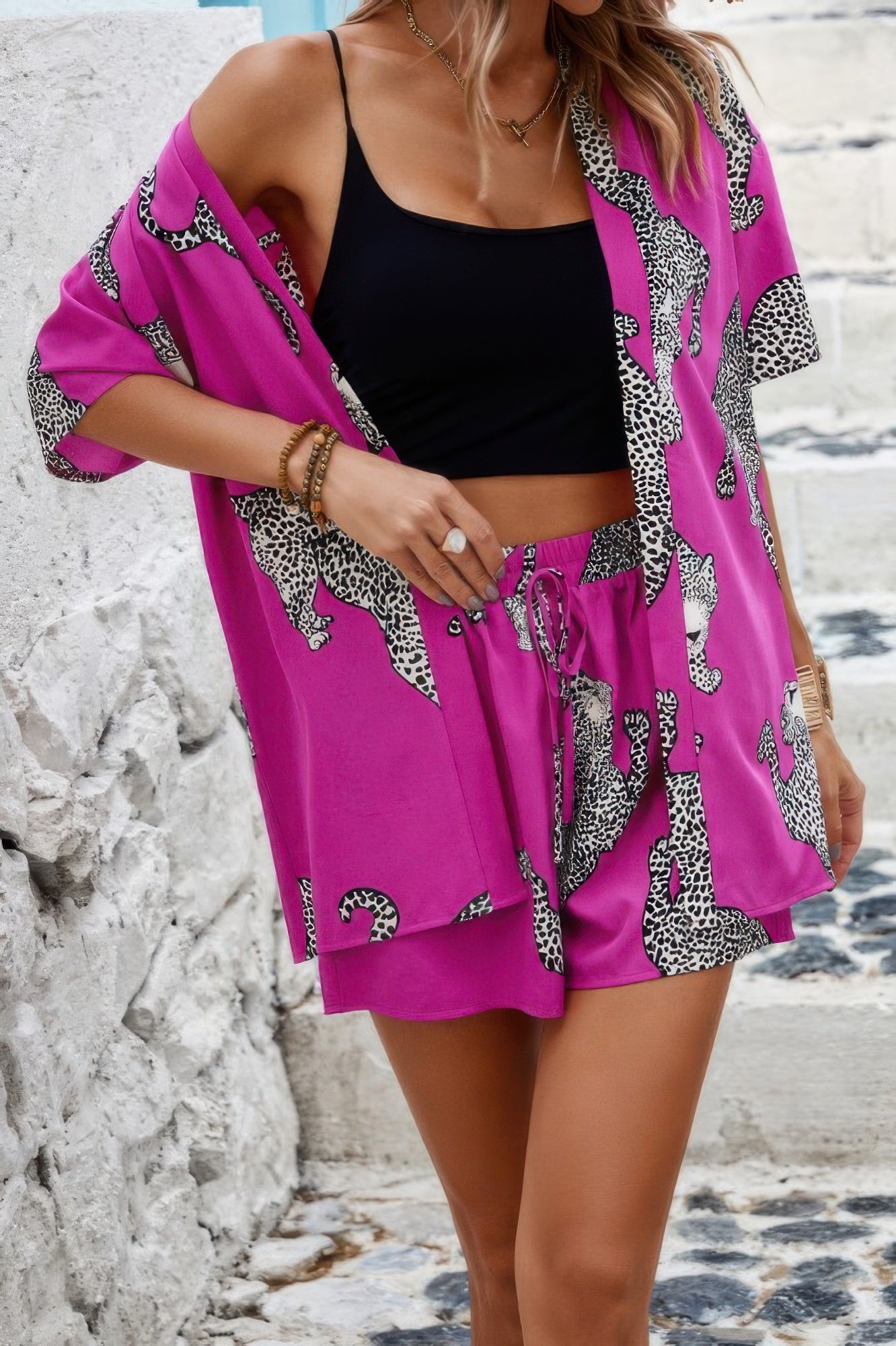 Two Piece Leopard Print Drop Shoulder Pockets Set