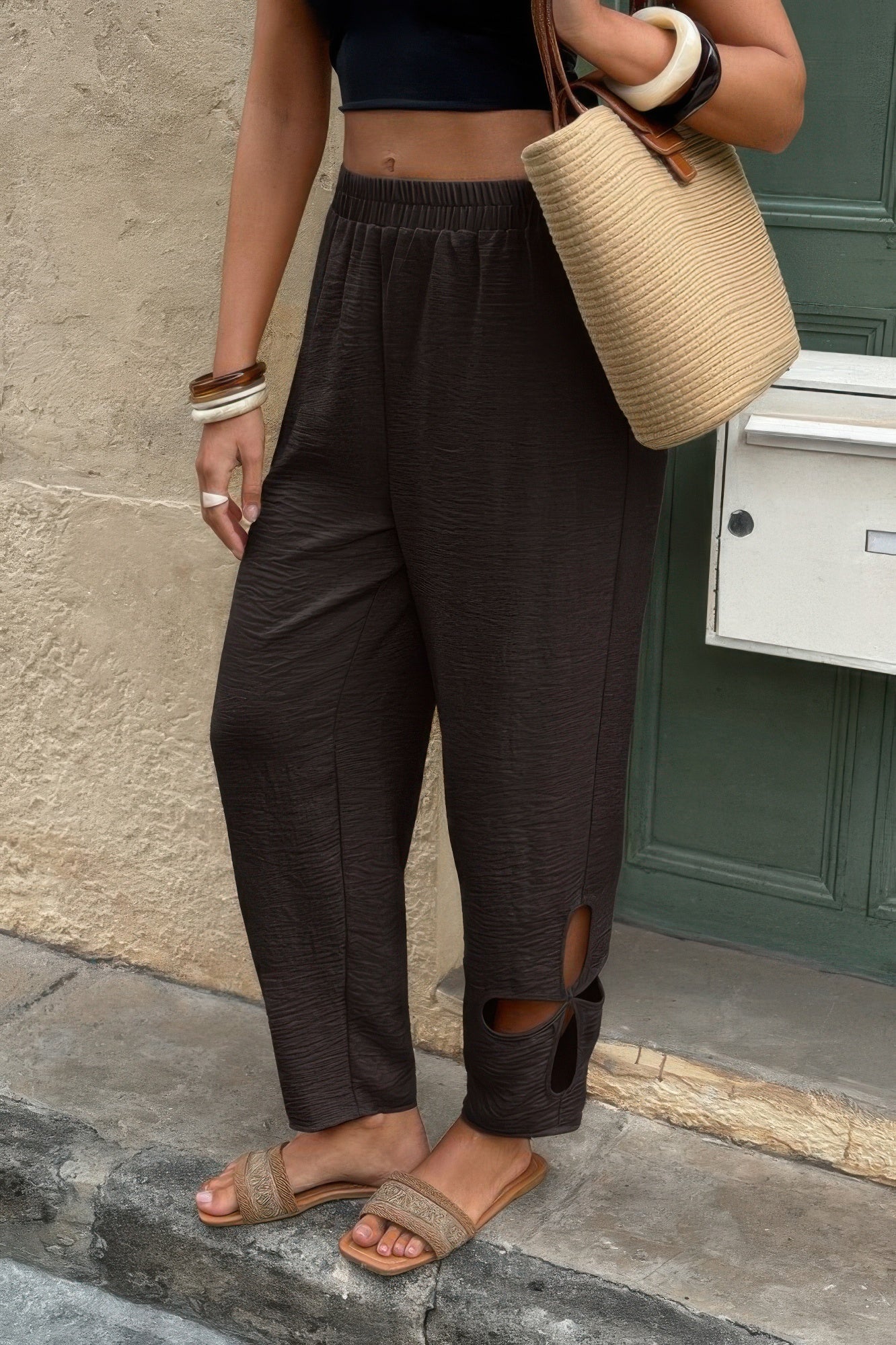 Solid Loose Elastic Waist Hollow Out Long Pant