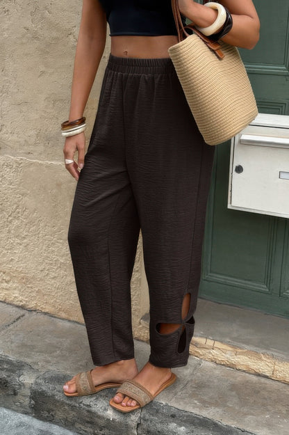 Solid Loose Elastic Waist Hollow Out Long Pant
