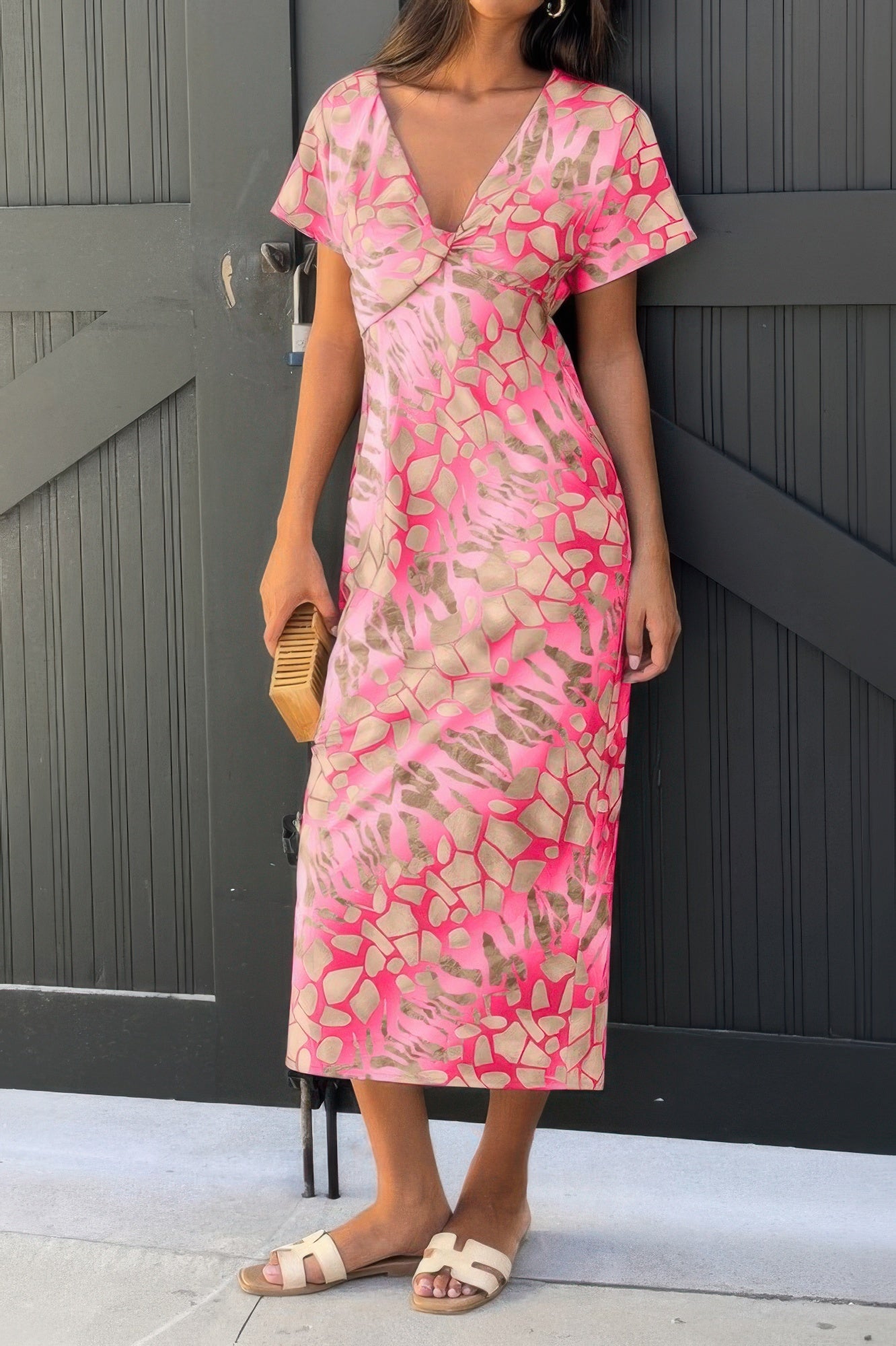 Geometric Print Twist Design Short Sleeve Fit Dress