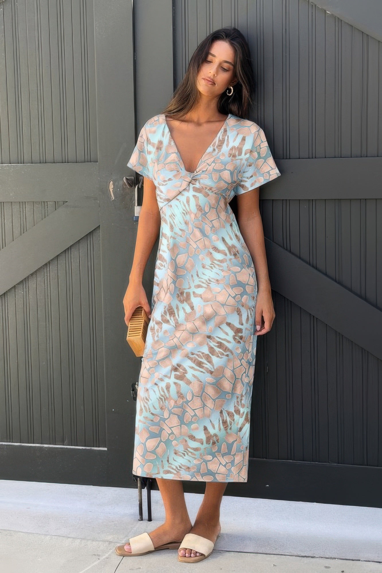 Geometric Print Twist Design Short Sleeve Fit Dress