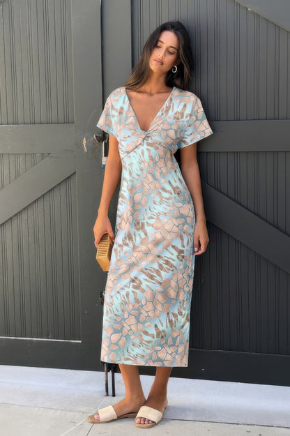 Geometric Print Twist Design Short Sleeve Fit Dress