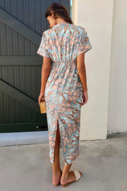Geometric Print Twist Design Short Sleeve Fit Dress