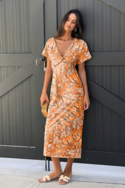 Geometric Print Twist Design Short Sleeve Fit Dress