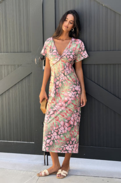 Geometric Print Twist Design Short Sleeve Fit Dress