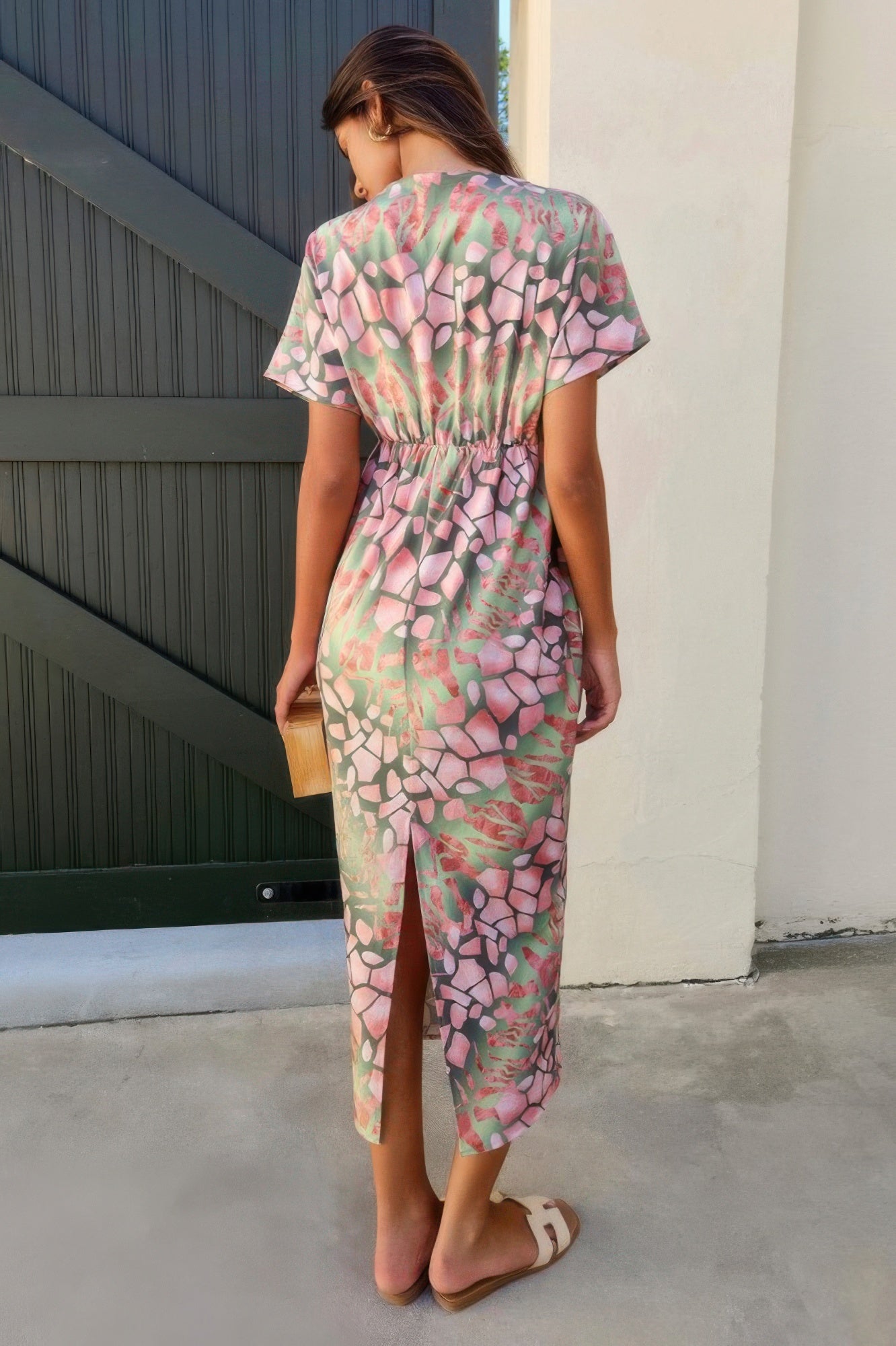 Geometric Print Twist Design Short Sleeve Fit Dress