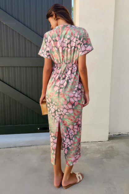 Geometric Print Twist Design Short Sleeve Fit Dress
