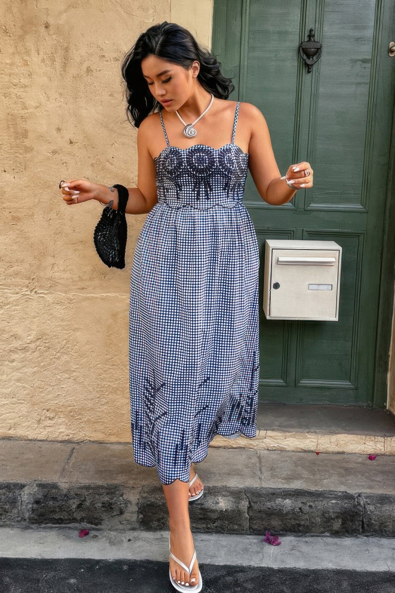 Plus Size Plaid Backless Hollow Out Strap Dress