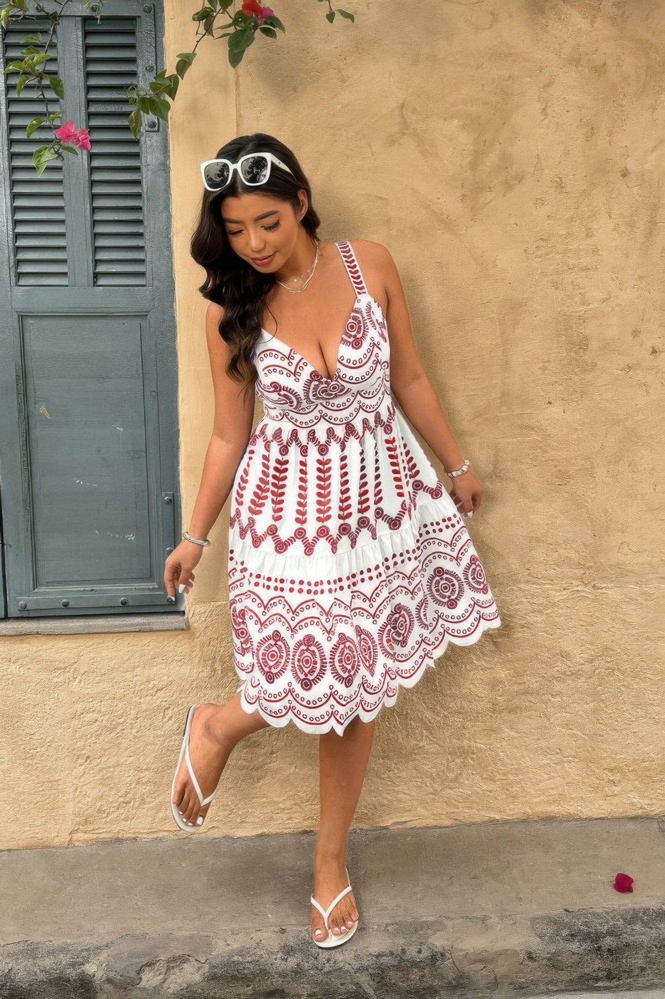 Plus Size Sleeveless Printed V Neck Woven Fit Dress