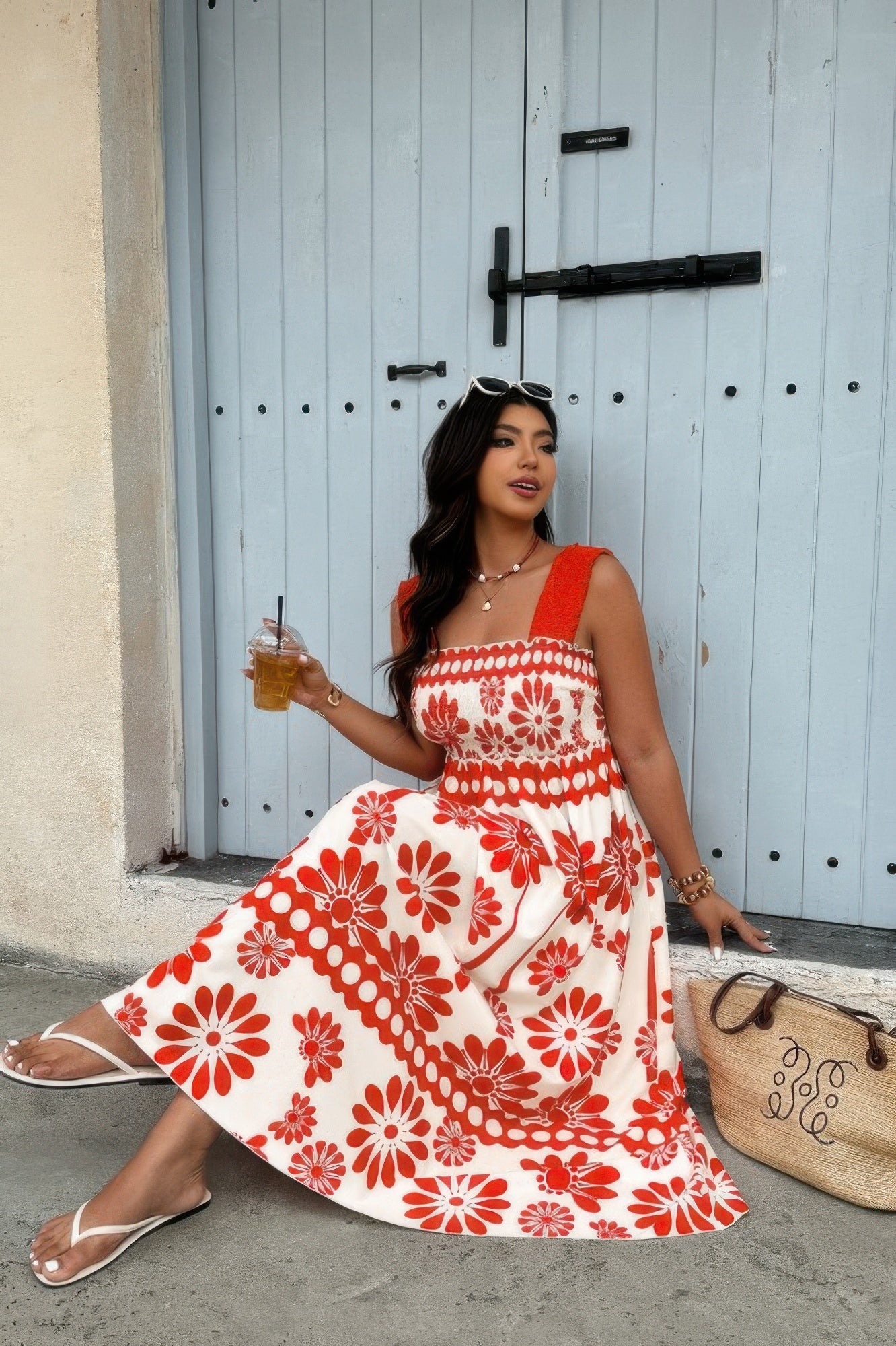 Plus Floral Printed Square Neck Wide Strap Dress
