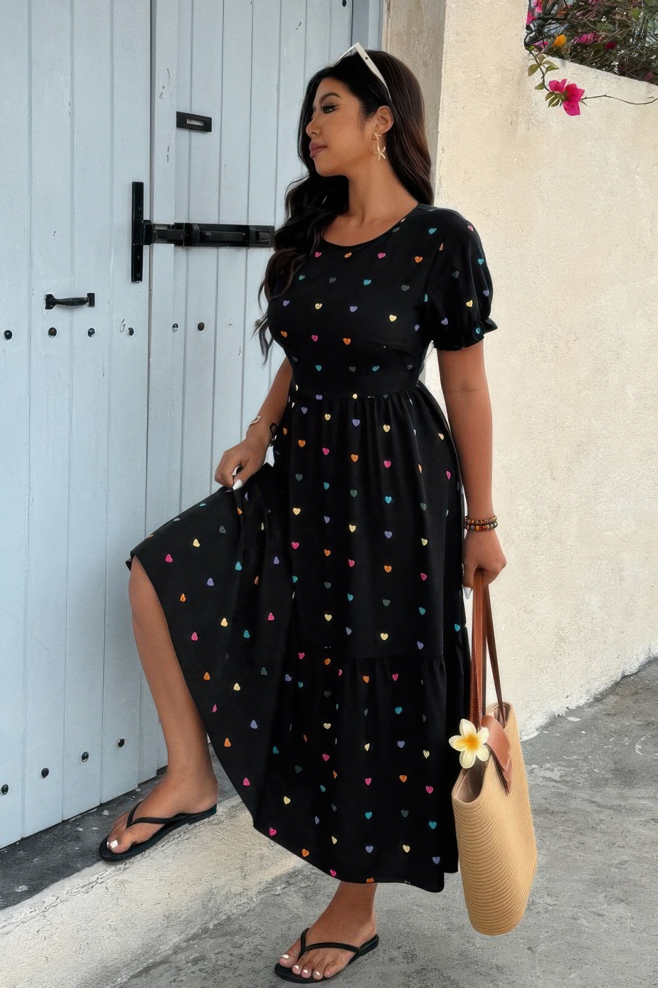 Plus Heart Print Round Neck Ruffle Hem Dress