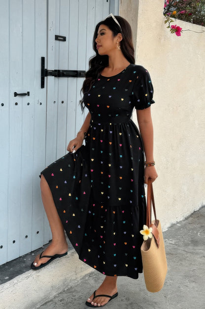 Plus Heart Print Round Neck Ruffle Hem Dress
