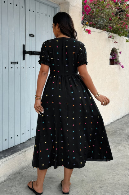 Plus Heart Print Round Neck Ruffle Hem Dress
