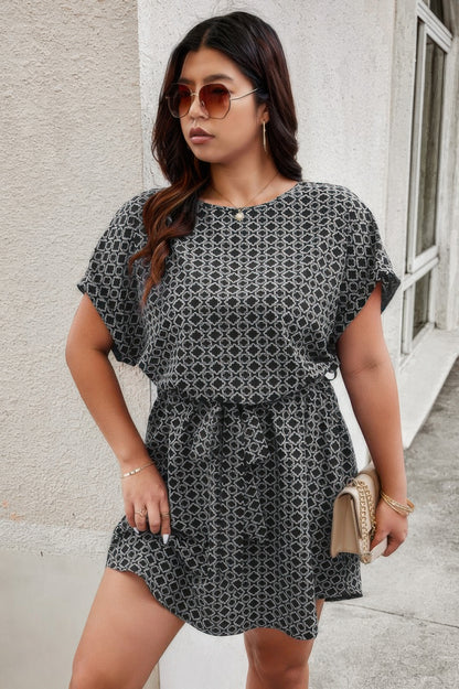 Plus Round Neck Printed Batwing Sleeve Loose Dress