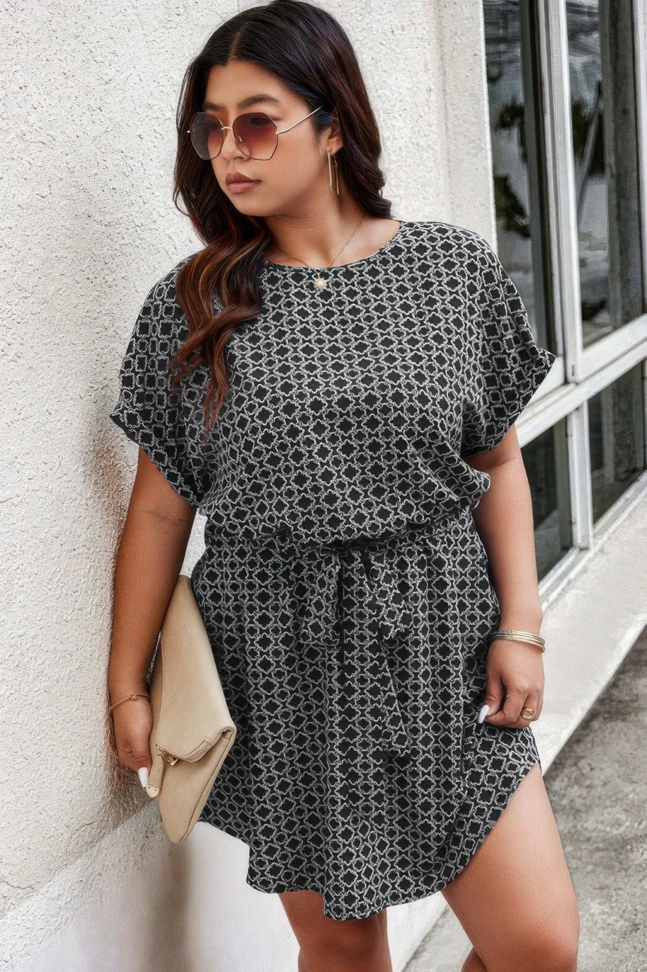 Plus Round Neck Printed Batwing Sleeve Loose Dress
