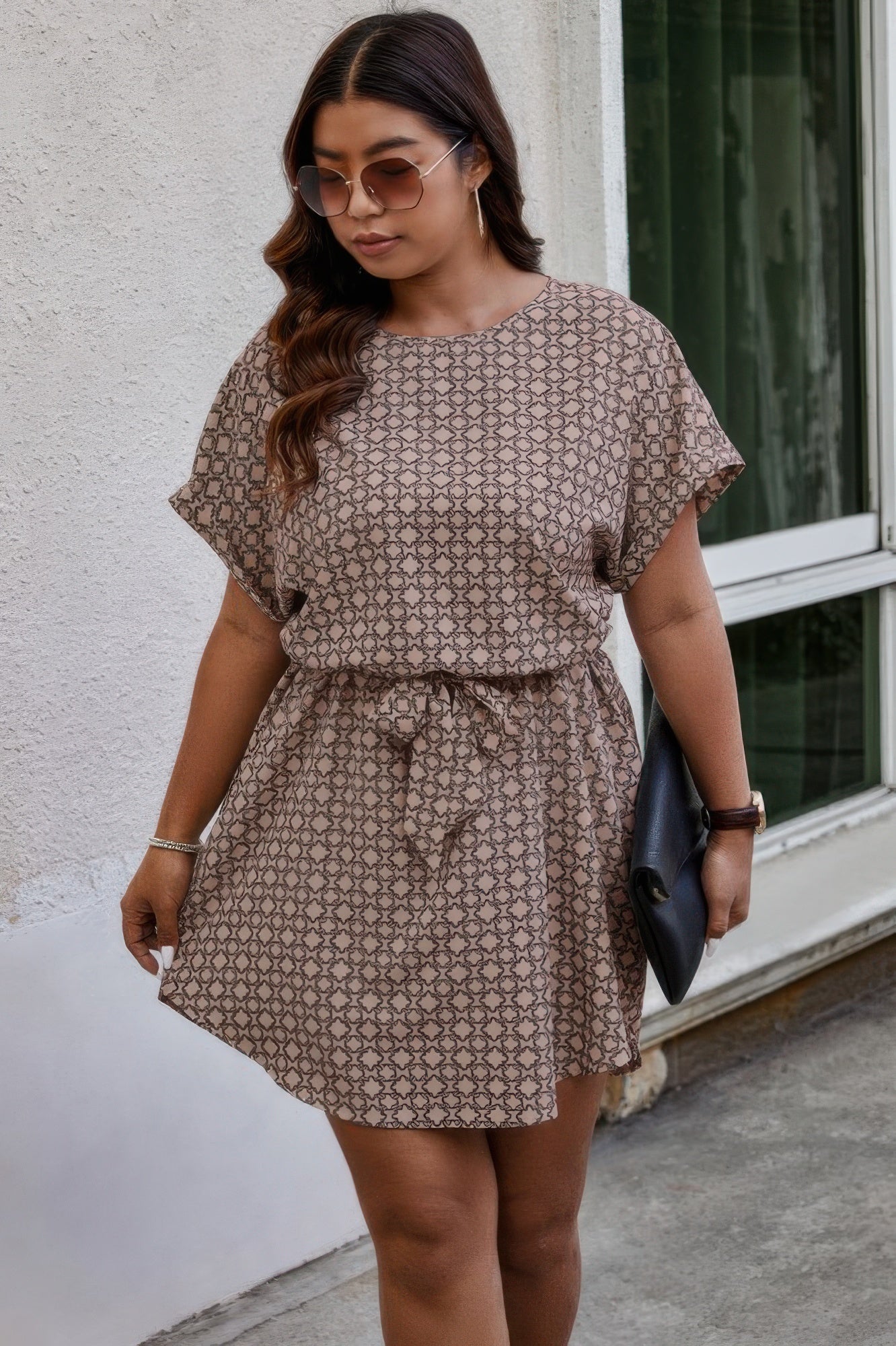 Plus Round Neck Printed Batwing Sleeve Loose Dress