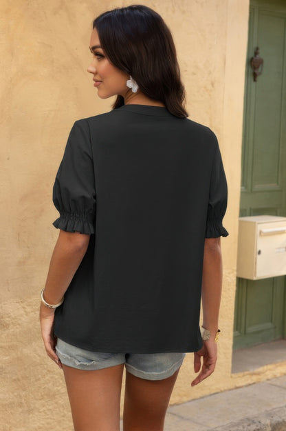 V Neck Boho Puff Short Sleeve Button Down Shirt