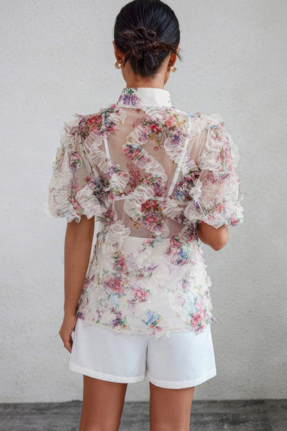 Allover Print See Through Collar Puff Sleeve Shirt