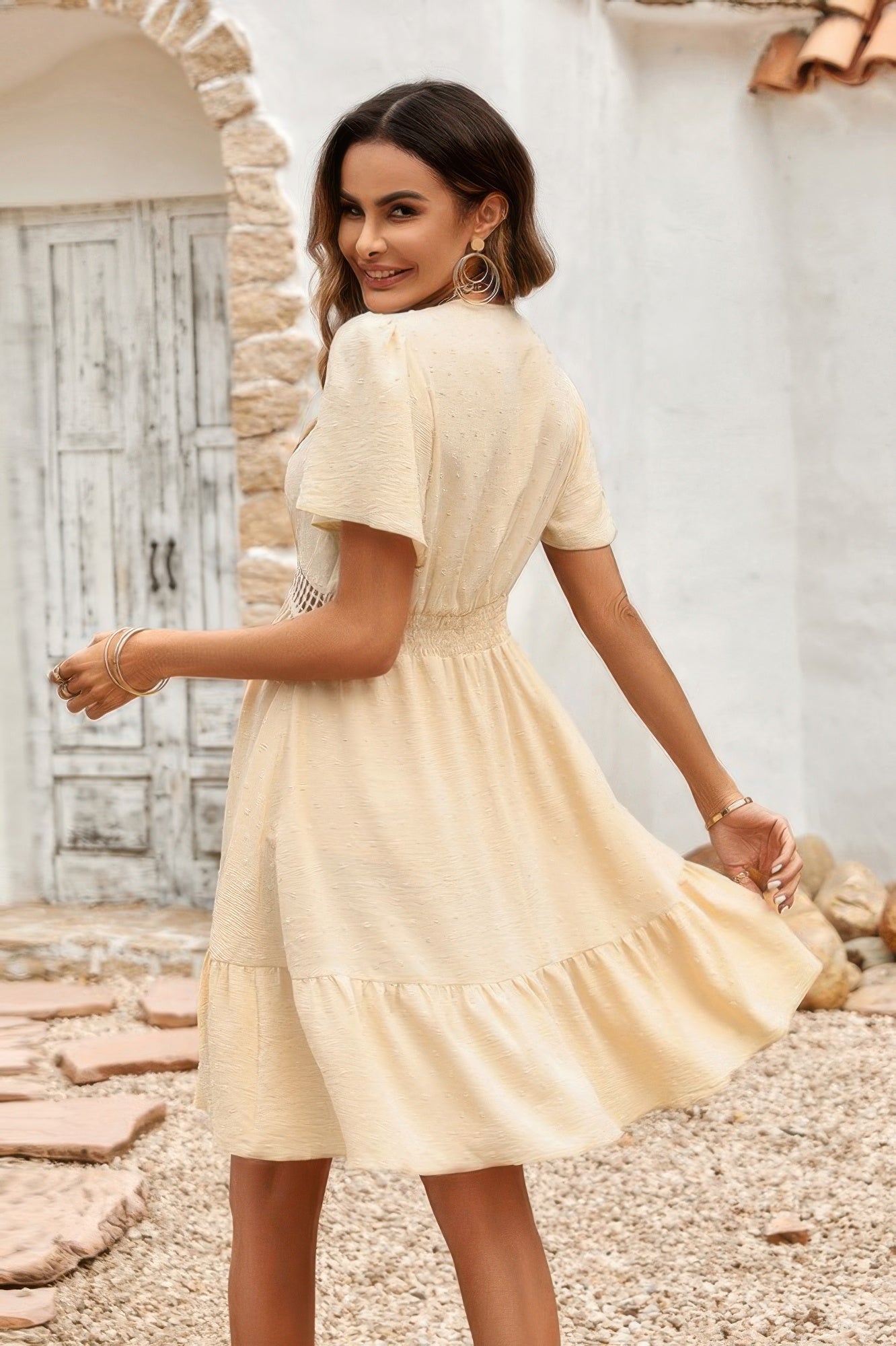 Swiss Dot Cutout Ruffle V Neck Puff Sleeve Dress