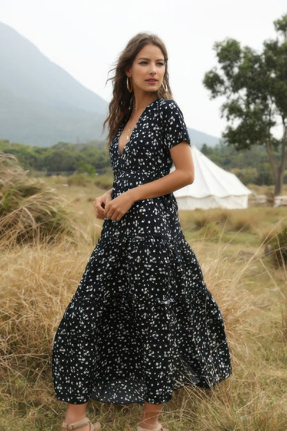 Elegant Floral Ruffle Deep V Neck Slit Dress