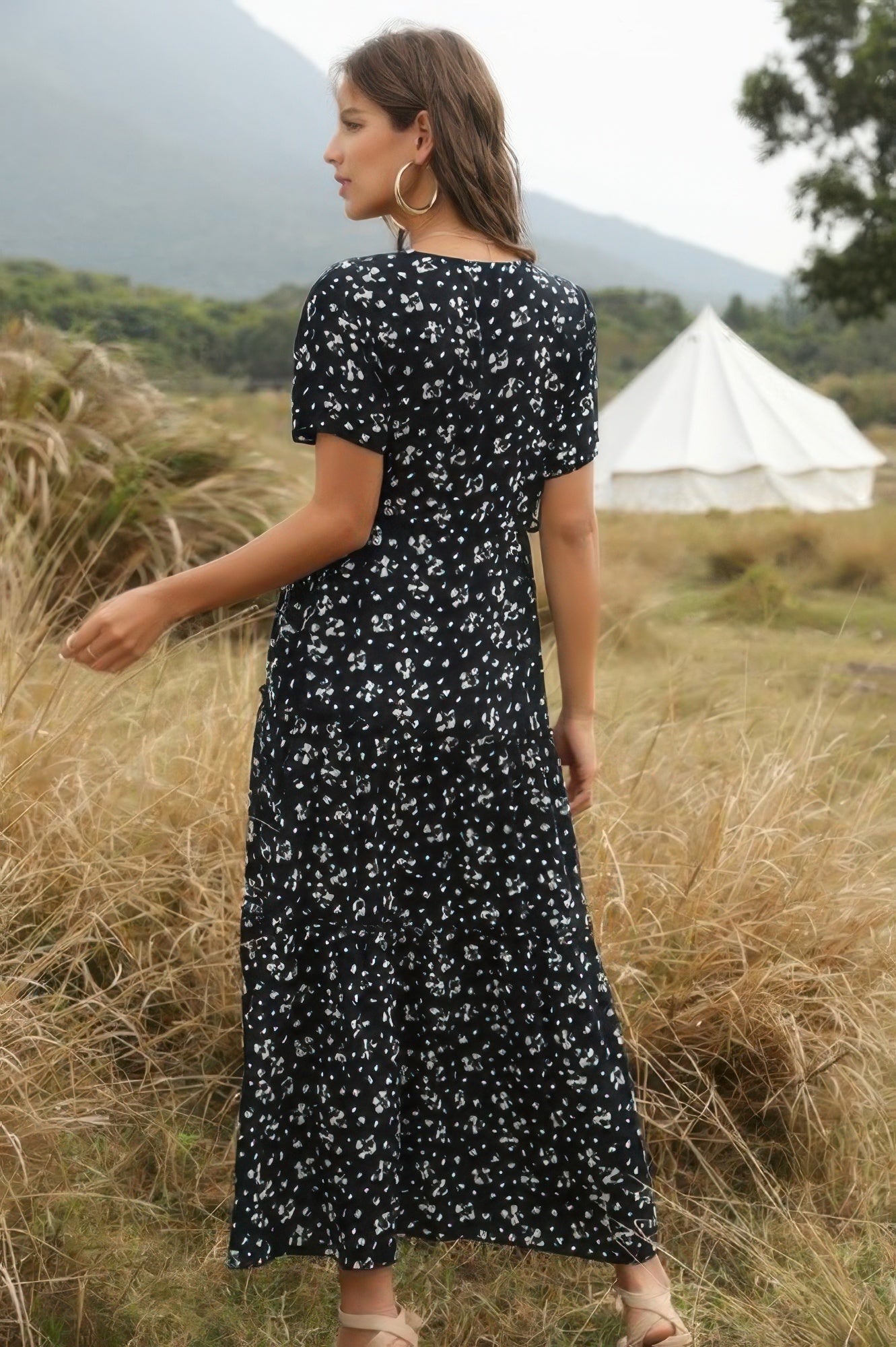 Elegant Floral Ruffle Deep V Neck Slit Dress