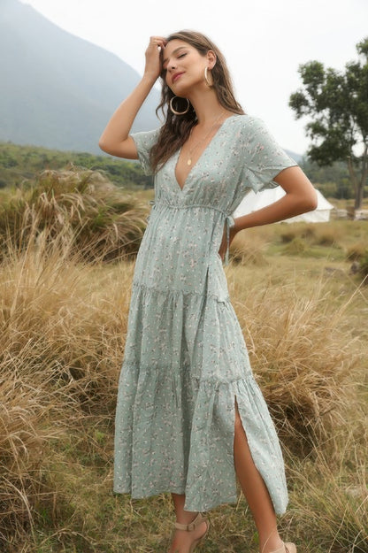 Elegant Floral Ruffle Deep V Neck Slit Dress