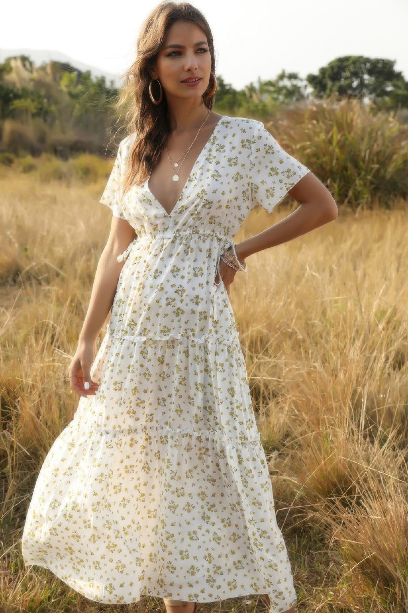 Elegant Floral Ruffle Deep V Neck Slit Dress