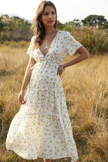 Elegant Floral Ruffle Deep V Neck Slit Dress