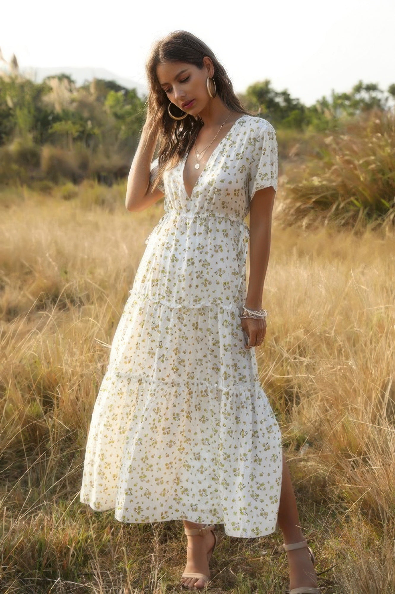 Elegant Floral Ruffle Deep V Neck Slit Dress