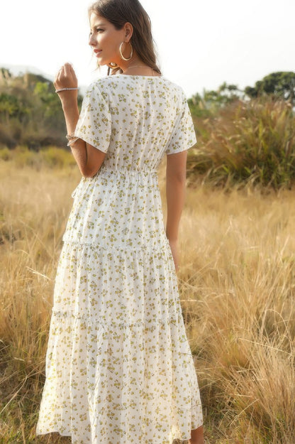 Elegant Floral Ruffle Deep V Neck Slit Dress