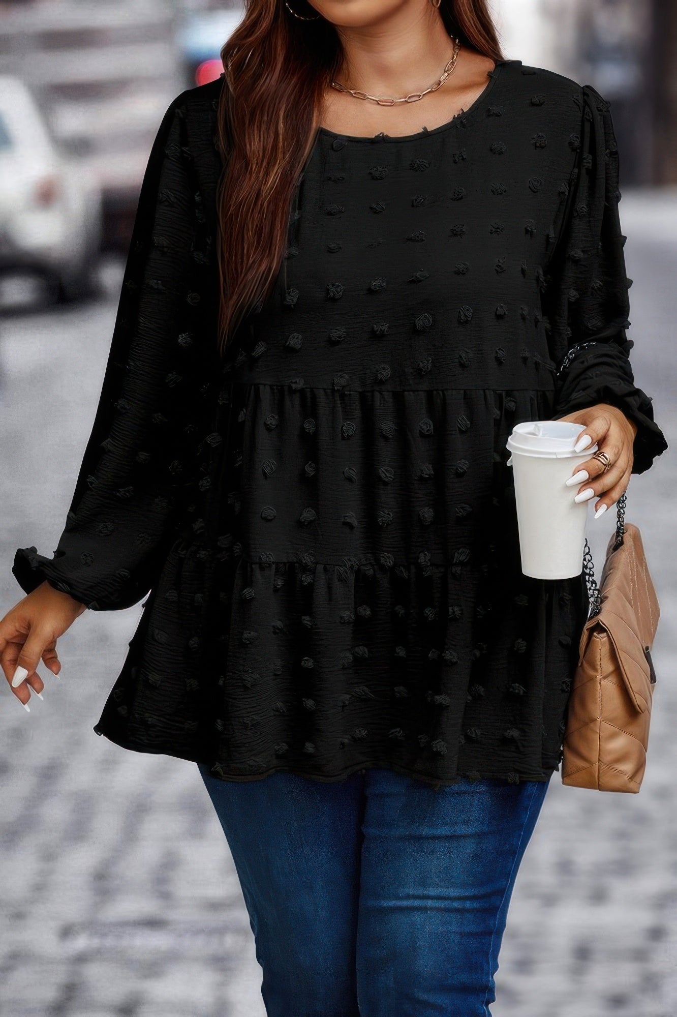 Plus Swiss Dot Round Neck Ruffle Hem Blouse