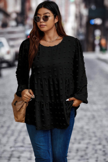 Plus Swiss Dot Round Neck Ruffle Hem Blouse