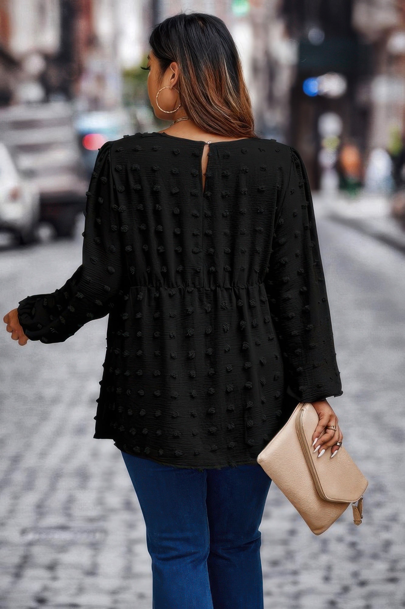 Plus Swiss Dot Round Neck Ruffle Hem Blouse