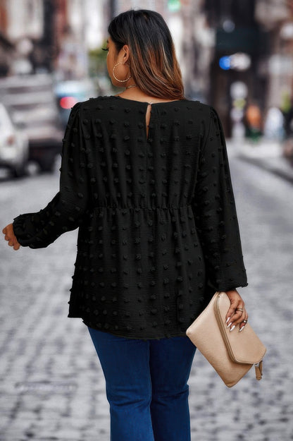 Plus Swiss Dot Round Neck Ruffle Hem Blouse