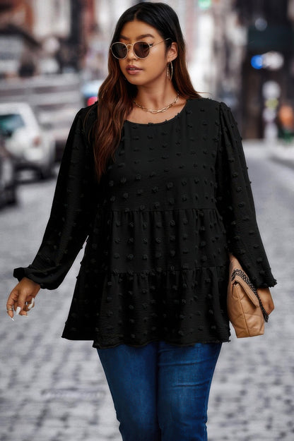 Plus Swiss Dot Round Neck Ruffle Hem Blouse