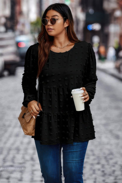 Plus Swiss Dot Round Neck Ruffle Hem Blouse