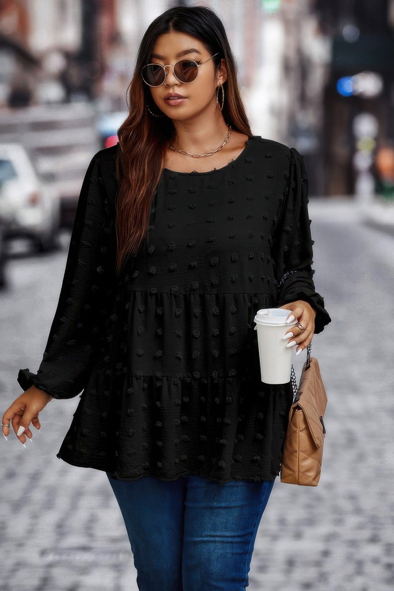Plus Swiss Dot Round Neck Ruffle Hem Blouse