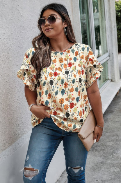 Plus Round Neck Floral Flounce Sleeve Loose Shirt