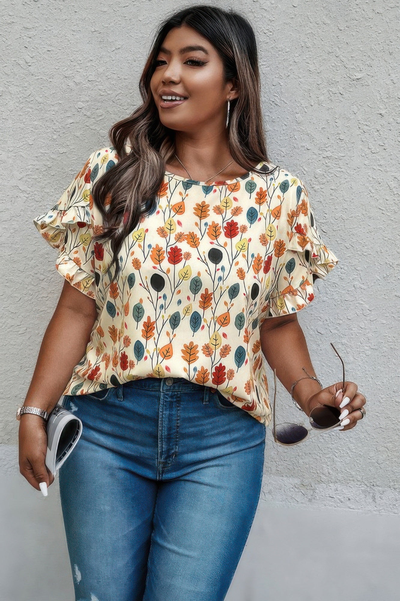 Plus Round Neck Floral Flounce Sleeve Loose Shirt