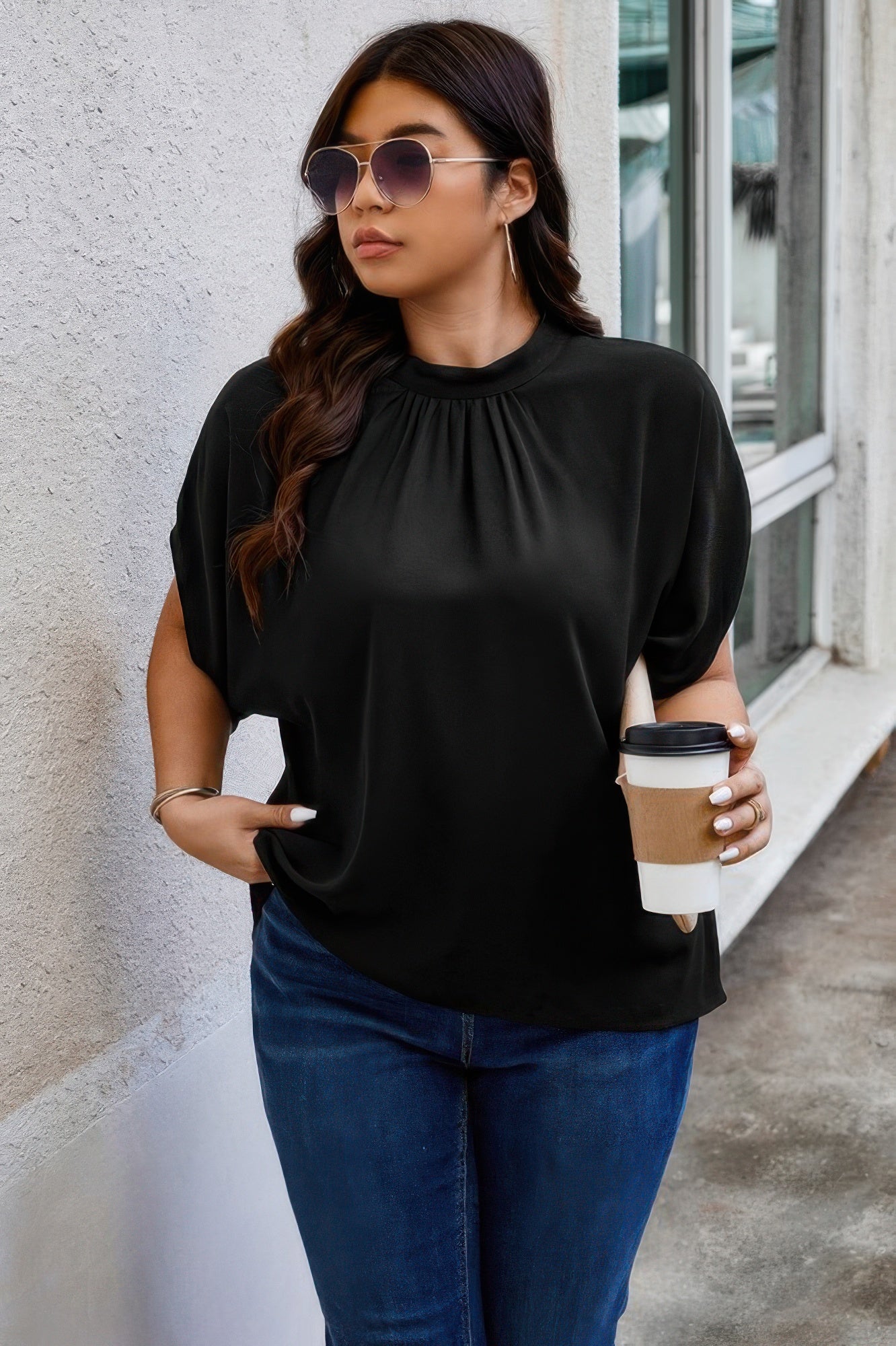 Plus Mock Neck Batwing Sleeve Loose Tunic Top