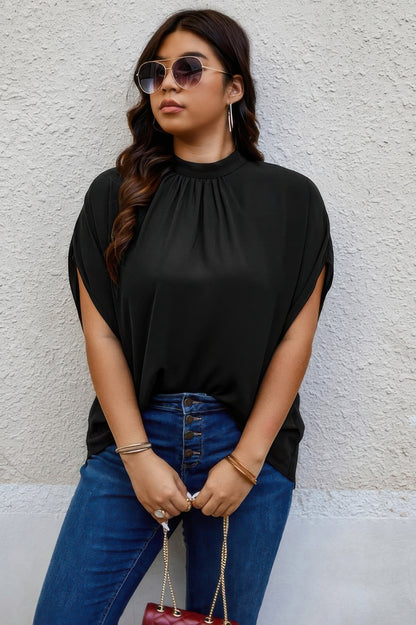 Plus Mock Neck Batwing Sleeve Loose Tunic Top