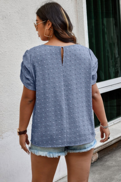 Plus Size Solid Swiss Dots Short Sleeve Blouse