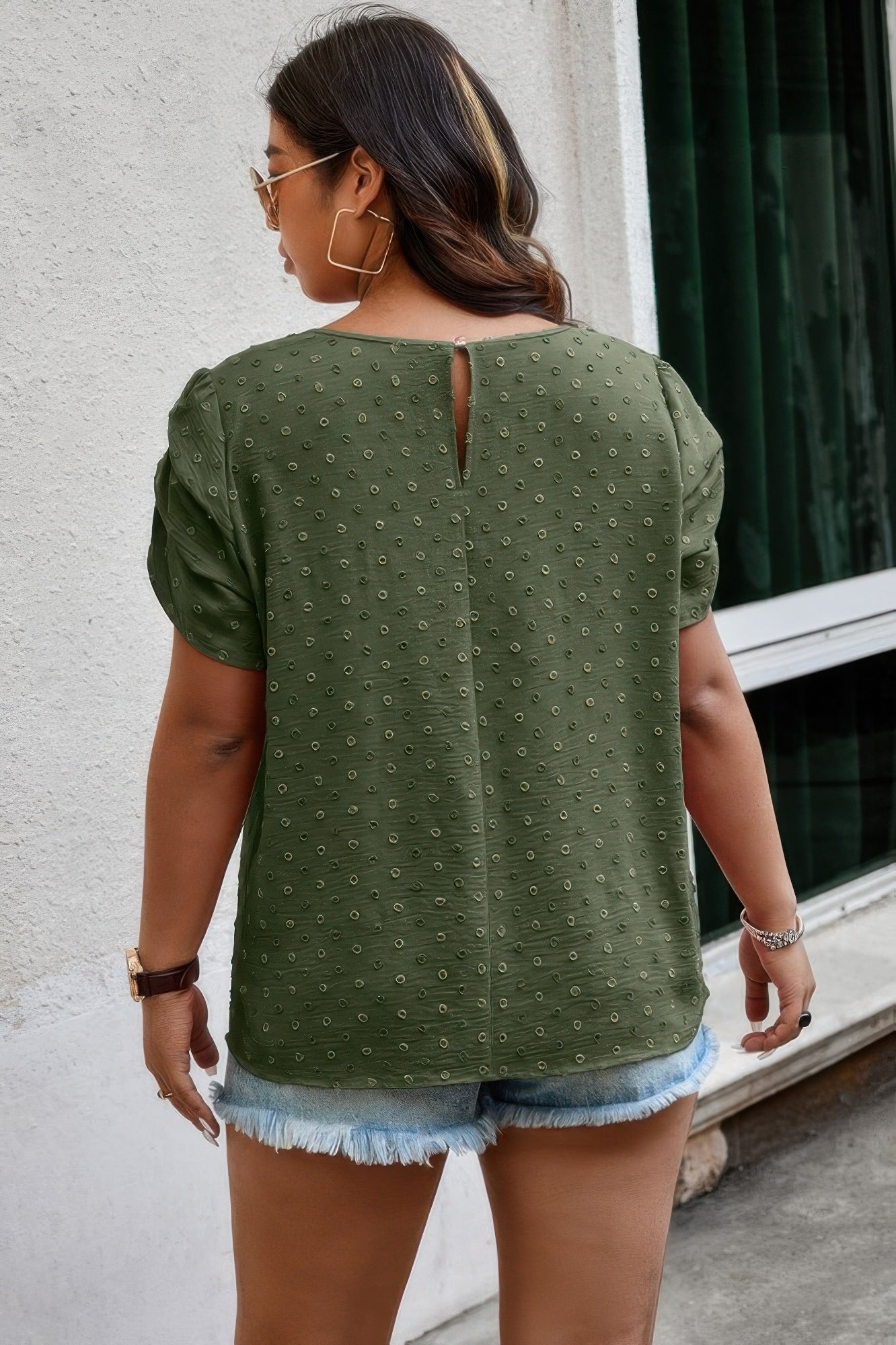 Plus Size Solid Swiss Dots Short Sleeve Blouse