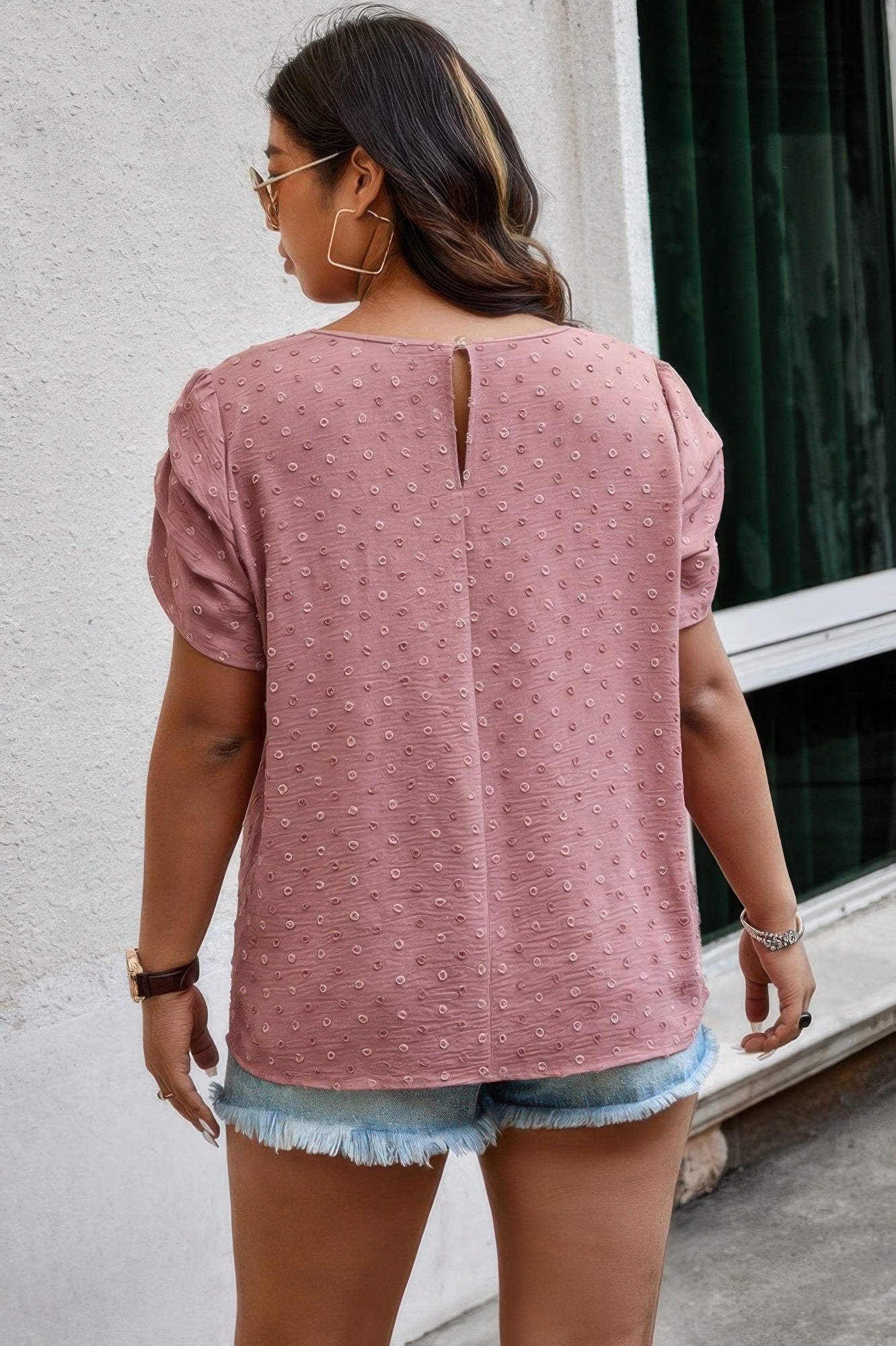Plus Size Solid Swiss Dots Short Sleeve Blouse