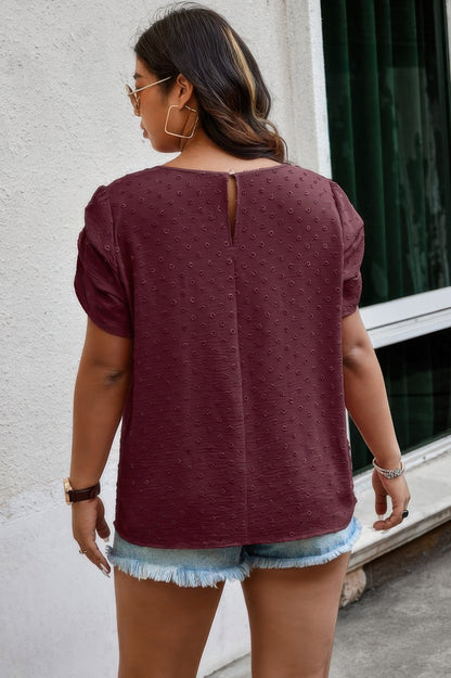 Plus Size Solid Swiss Dots Short Sleeve Blouse
