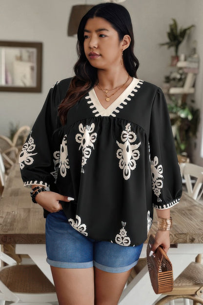 Plus V Neck Geo Print Puff Sleeve Blouse